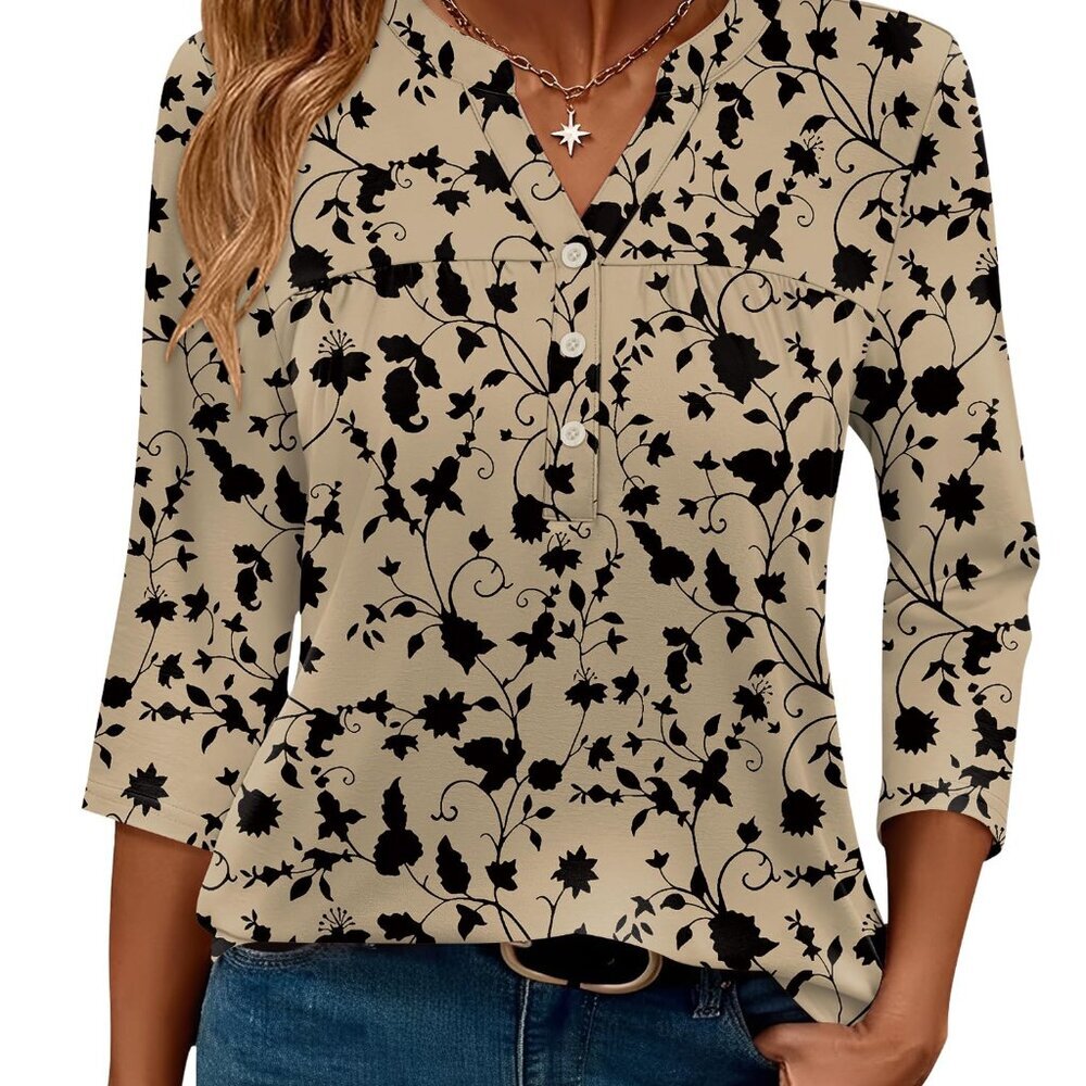 Women's 3/4 Sleeve V-Neck Tunic Blouse Button Down Shirt